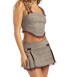 Dolls Kill West Of Melrose Brown Plaid Pleated Mini Skirt Set Size L/XL